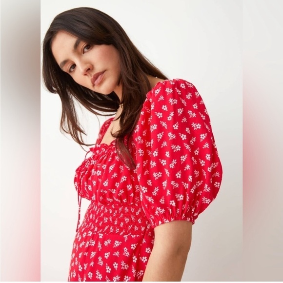 & Other Stories Red Floral Puff Sleeve Milkmaid Maxi Dress Cottagecore Coquette - Picture 13 of 15